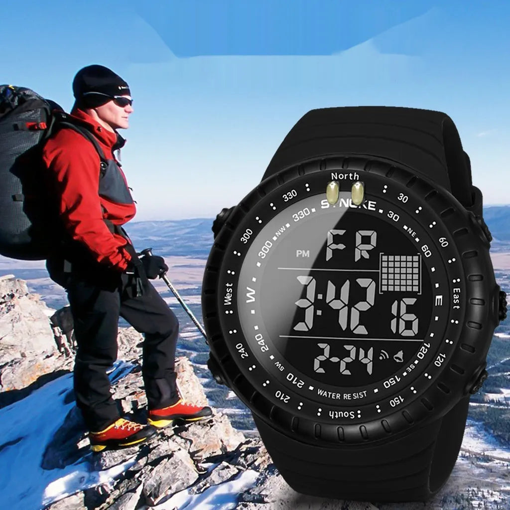 Black waterproof digital watch with WR50M rating and adjustable PU strap on wrist