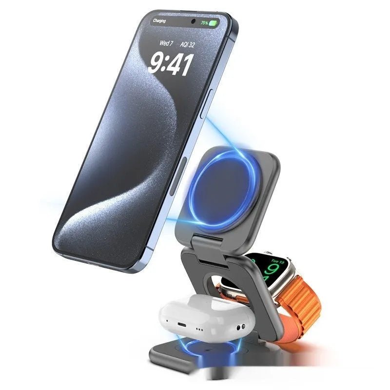 White foldable magnetic wireless phone charger holder with 360-degree rotating base on a desk.