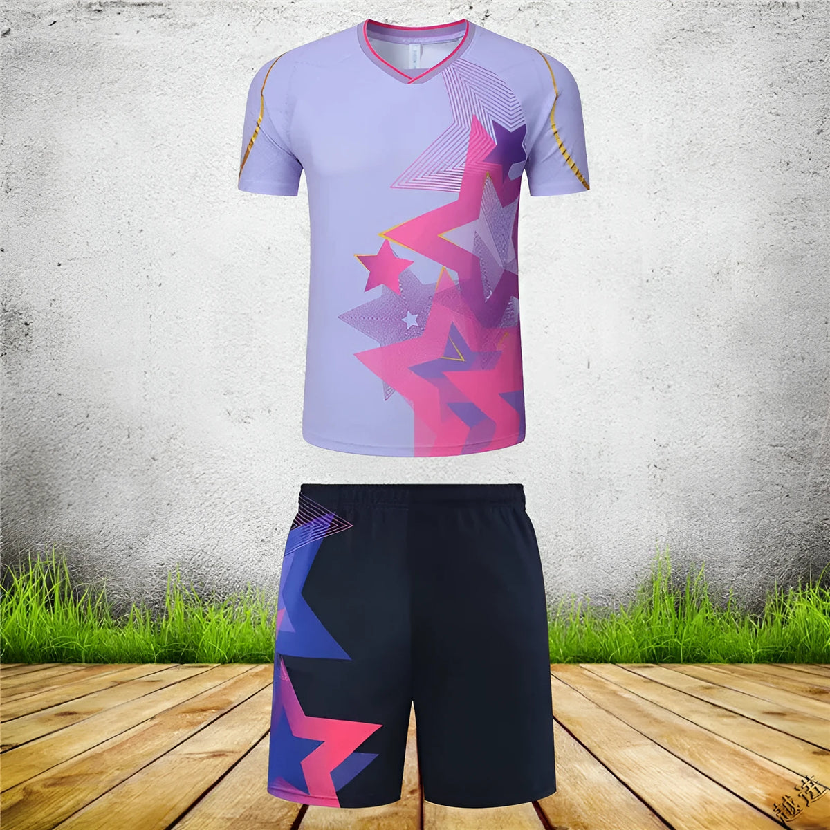 Unisex badminton sportswear suit in polyester, showing short-sleeved top and trousers in sapphire blue colour.