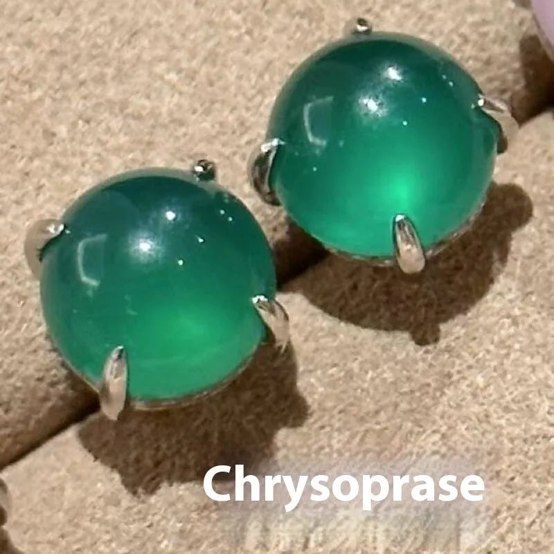 Chinese-style chalcedony stud earrings with copper four-claw settings in emerald green, pink purple, or milk white