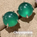 Chinese-style chalcedony stud earrings with copper four-claw settings in emerald green, pink purple, or milk white