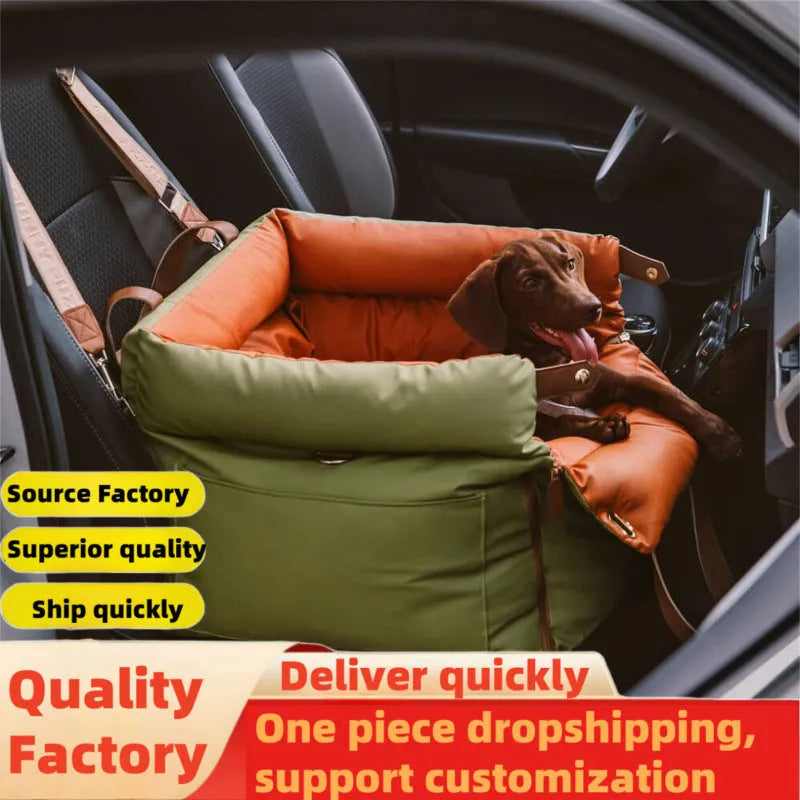 Green waterproof dog car bed with removable cover on a car seat, measuring 55cm by 50cm.