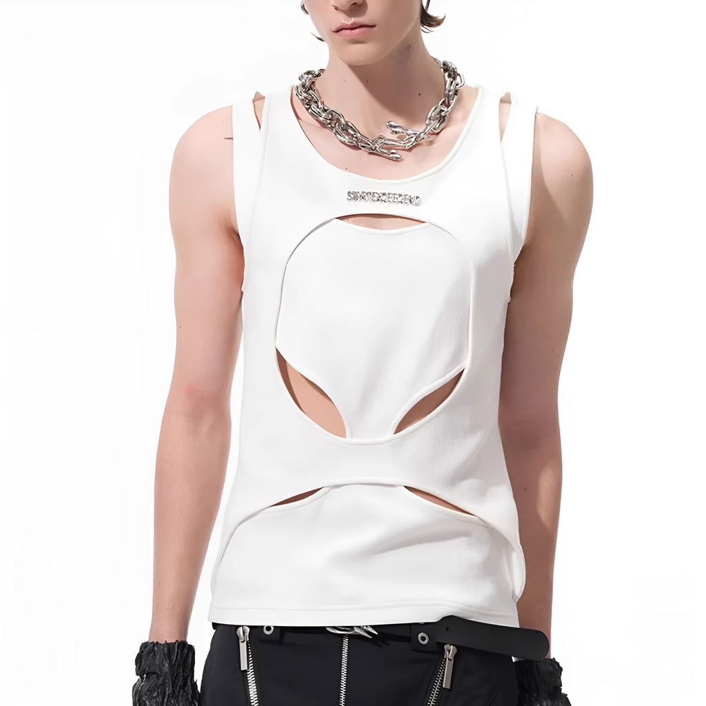 Men's loose sleeveless waistcoat with hollow white thread design in black colour