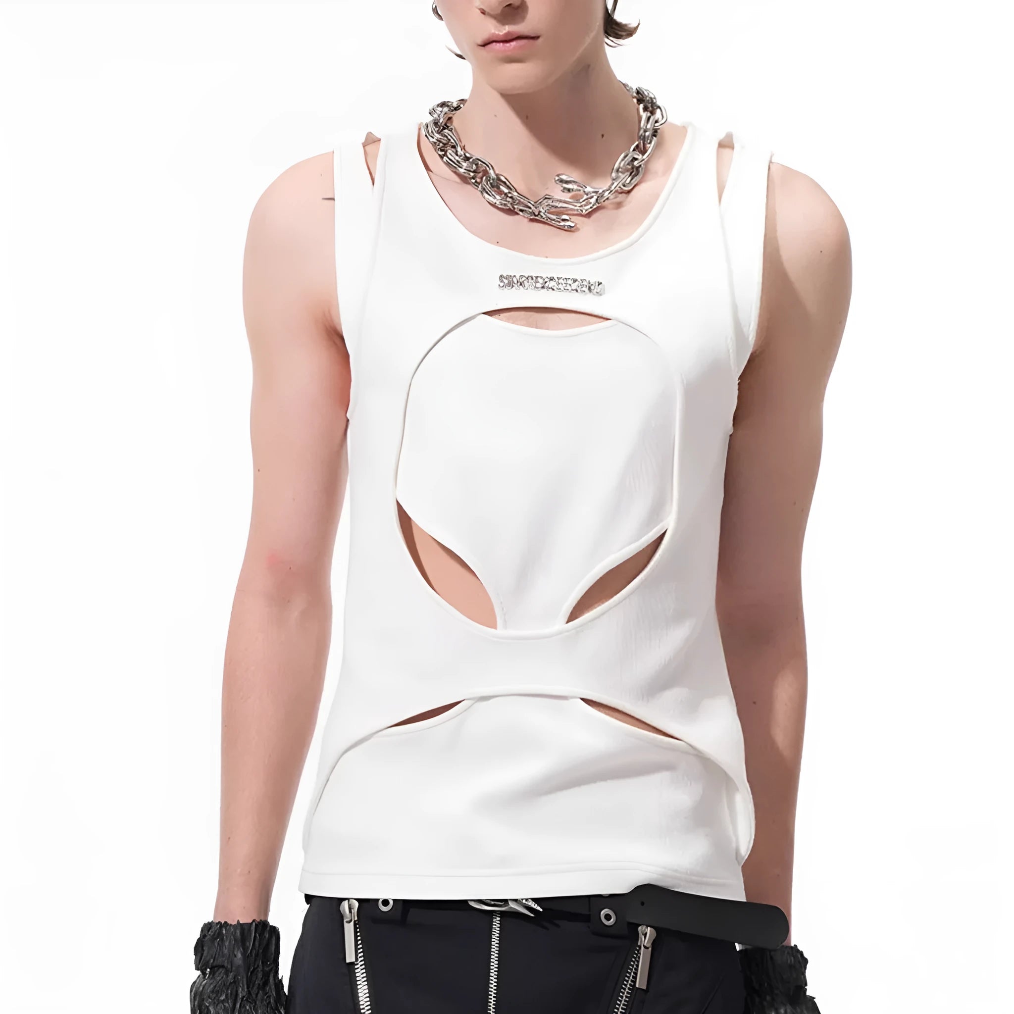 Men's loose sleeveless waistcoat with hollow white thread design in black colour