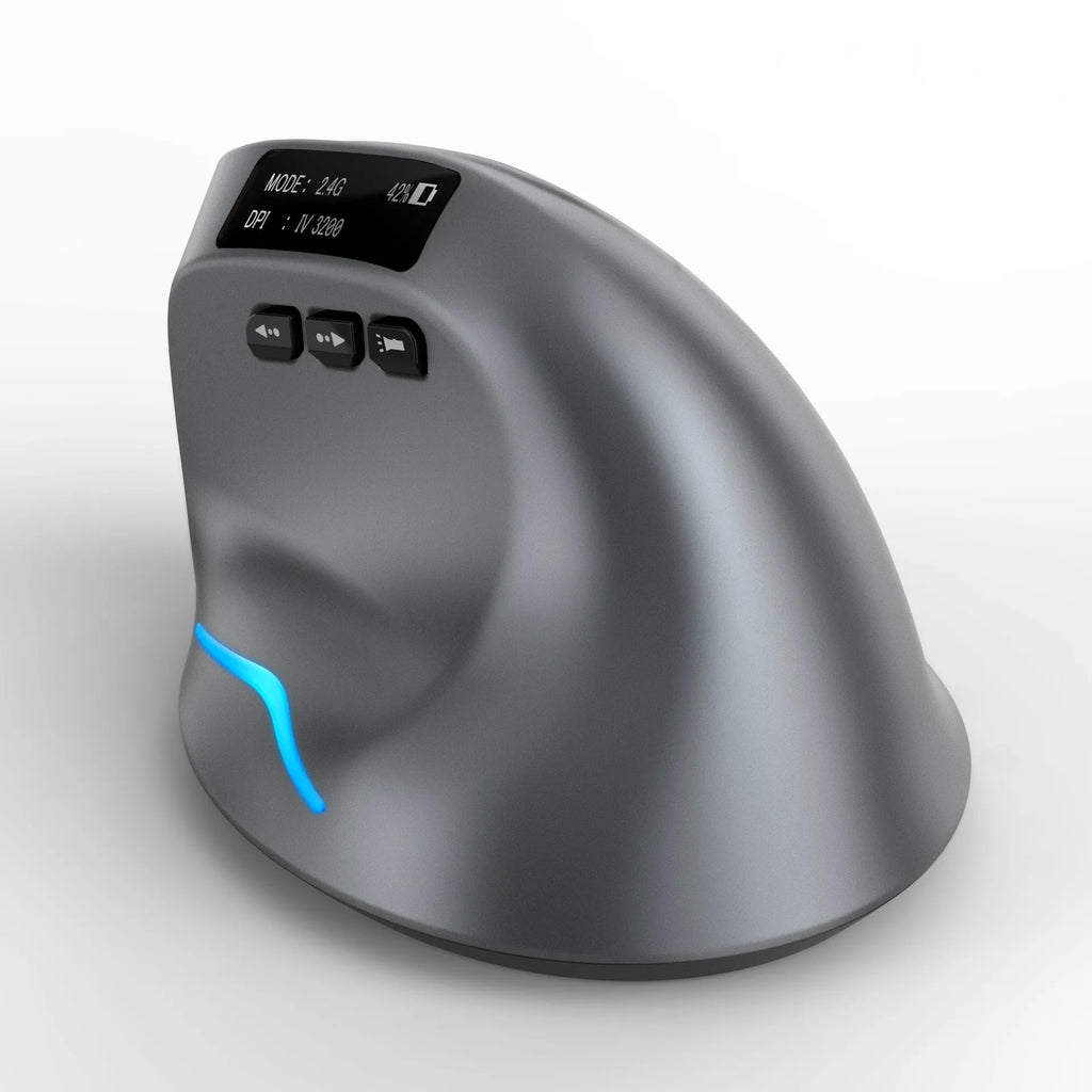 Grey vertical ergonomic mouse with Bluetooth connectivity and self-charging capability
