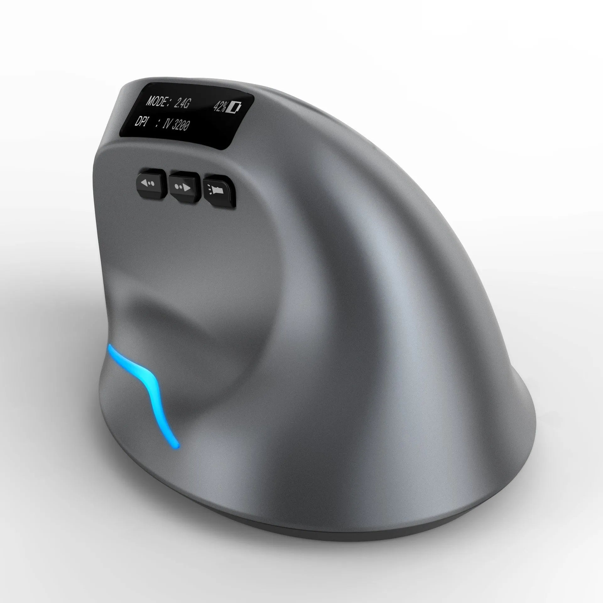 Grey vertical ergonomic mouse with Bluetooth connectivity and self-charging capability