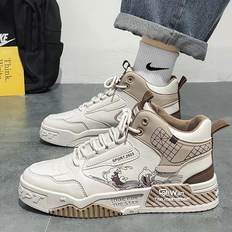 Men's beige, white, and blue high-top lace-up board sneakers on a white background.