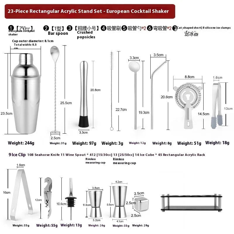 23-piece stainless steel cocktail set with acrylic shaker on home bar