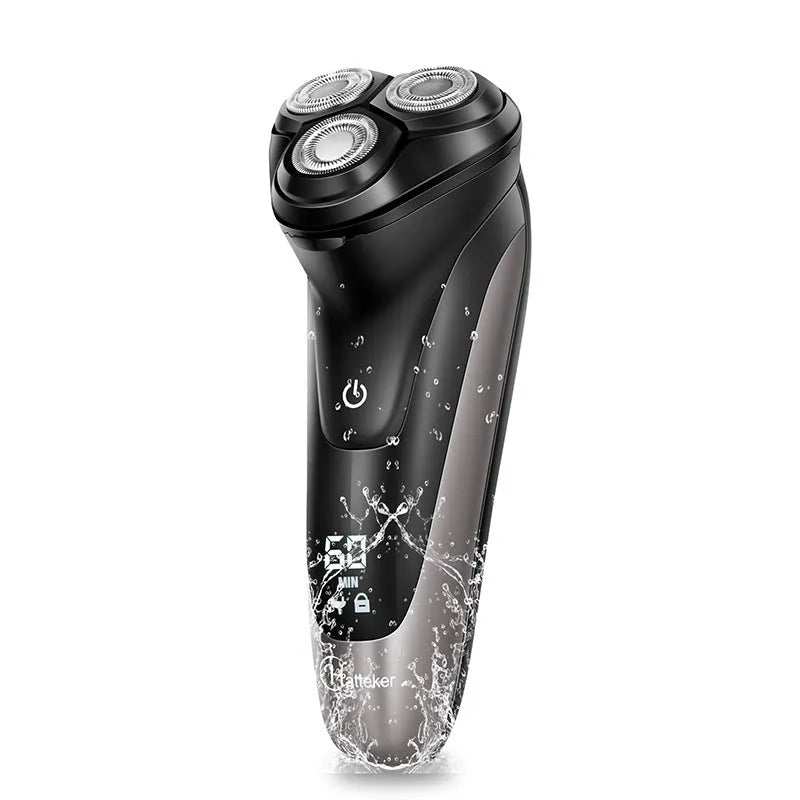 Men's electric shaver and grooming kit with three rotating heads, pop-up trimmer, USB cable, and cleaning brush.