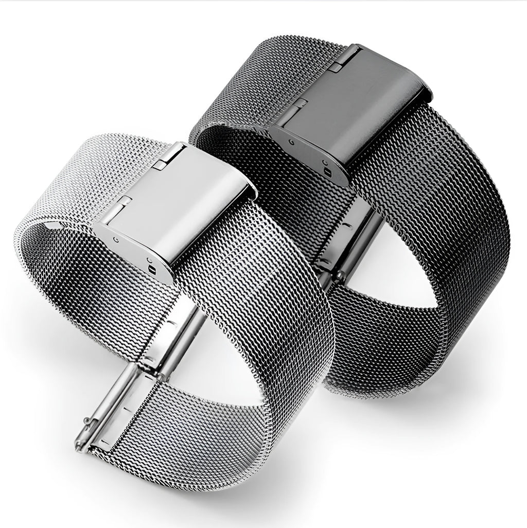 Silk woven stainless steel watch band with butterfly clasp in silver, black, rose gold, or gold finish.