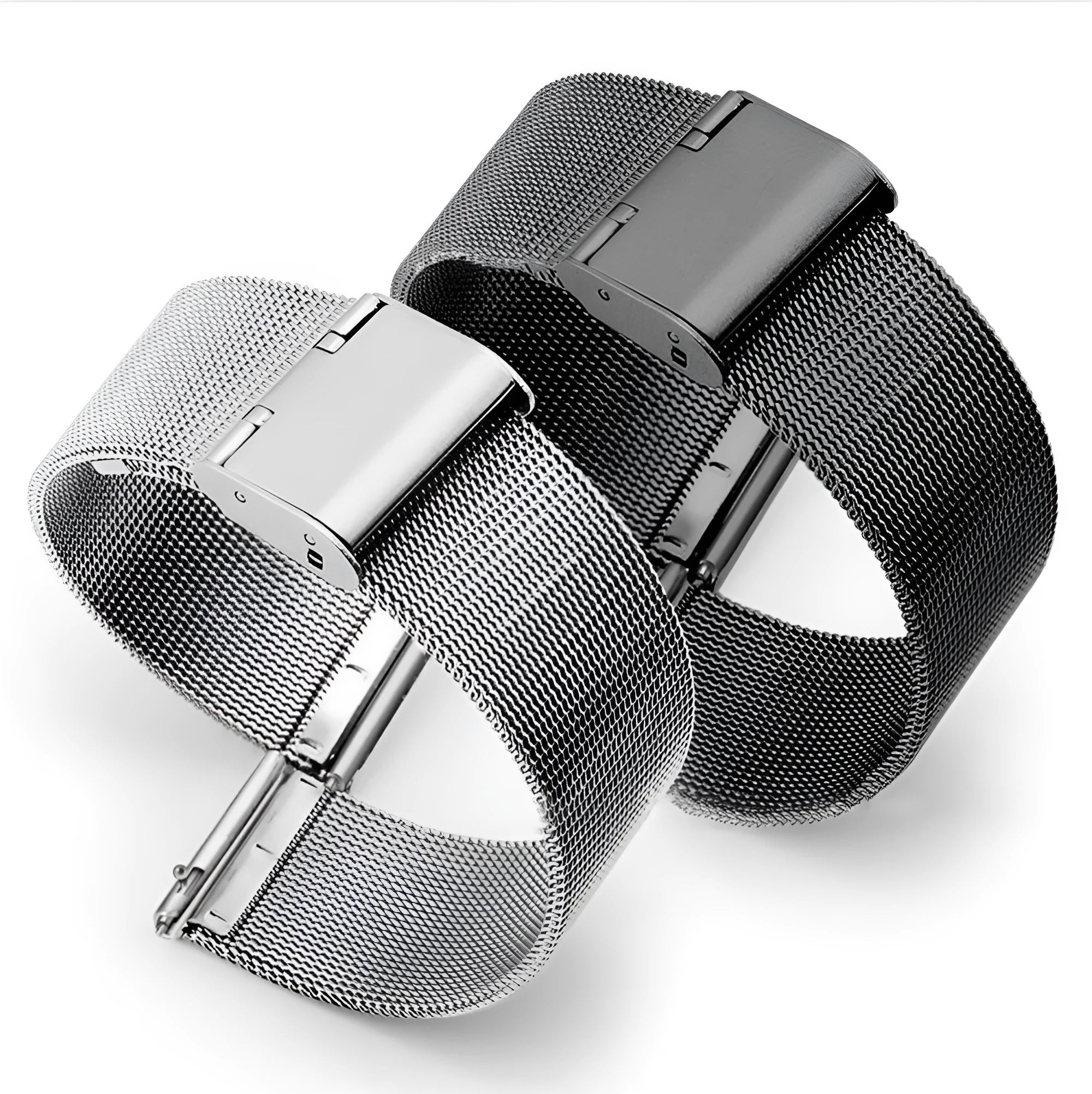 Silk woven stainless steel watch band with butterfly clasp in silver, black, rose gold, or gold finish.