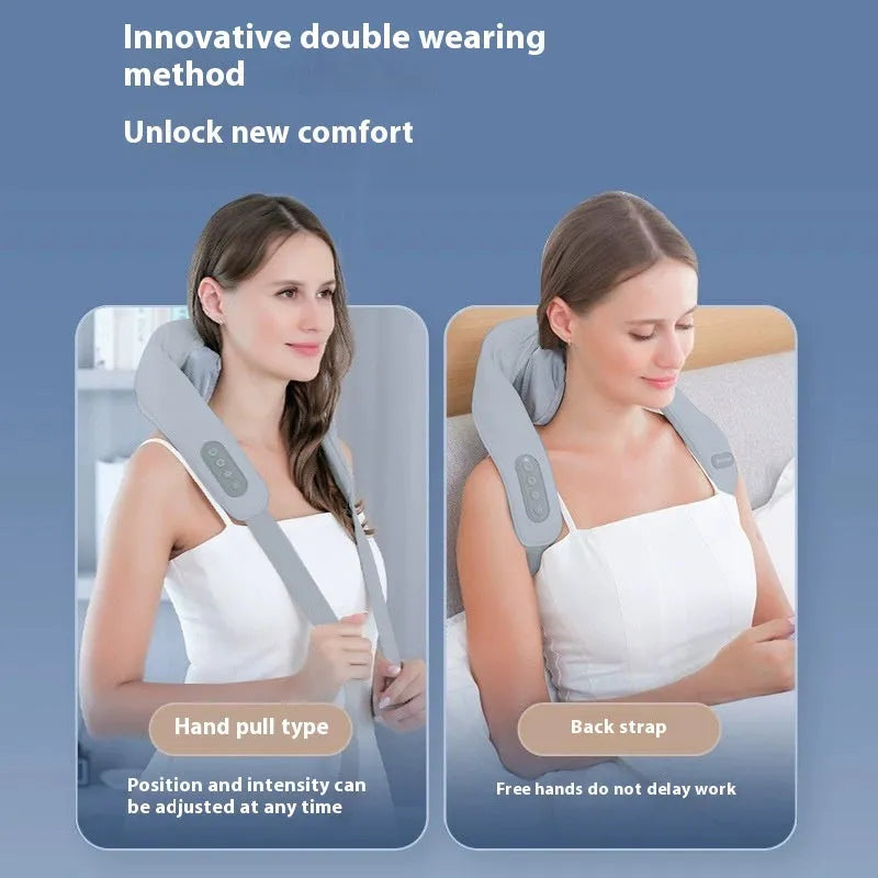 Grey USB-powered neck and back massager with elastic fabric and two-speed controls