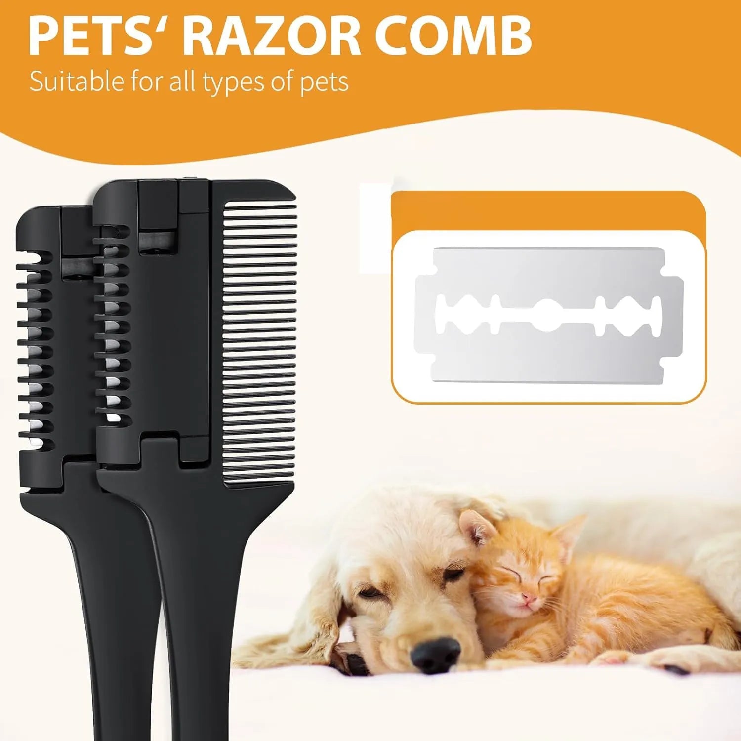 A handheld razor comb for pets showing the comb teeth and integrated trimming blade.