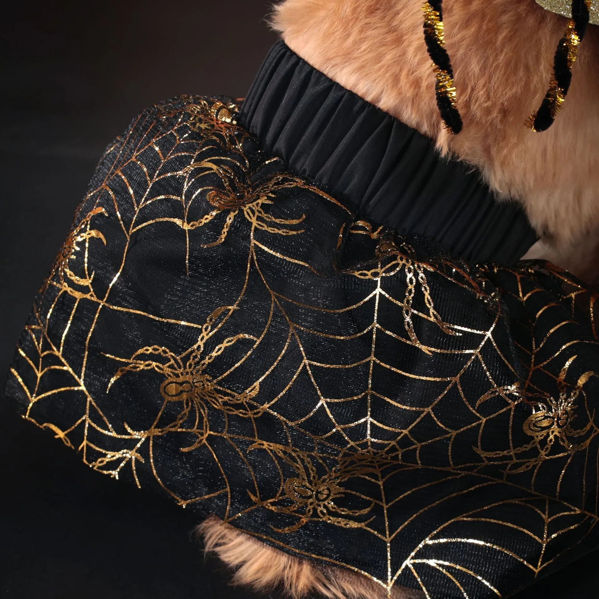 Halloween dog costume suit in polyester fabric shown on a pet, available in sizes S, M, L, and XL