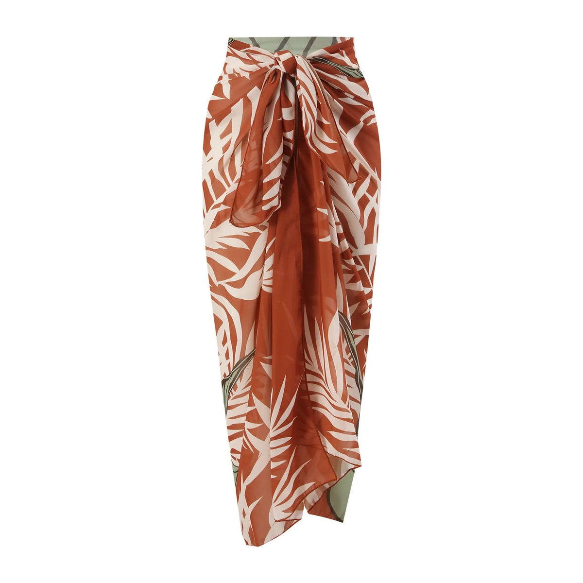 Brown high waist bikini swimsuit with push up top and attached chiffon dress overlay.