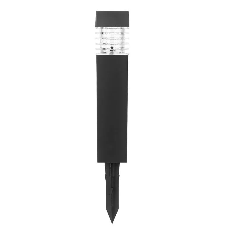 Solar lawn lamp with ground spike for garden lighting, showing cuboid shape and solar panel