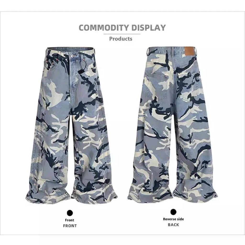 Snow camouflage blue loose-fit denim jeans on a mid-waist mannequin, showing the trousers length and camouflage pattern.