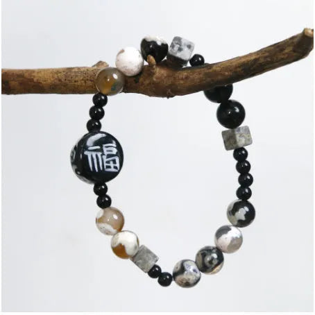 Hand-woven black agate ceramic bracelet with natural stone geometric round beads, unisex design