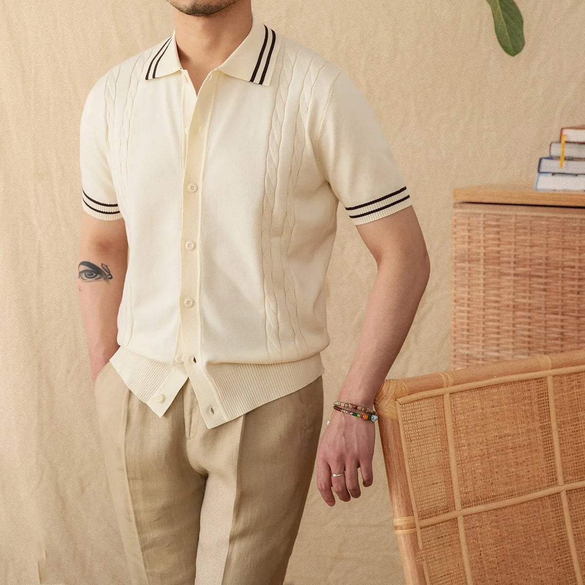 Cotton blend lapel polo shirt in apricot colour with short sleeves and smart casual design