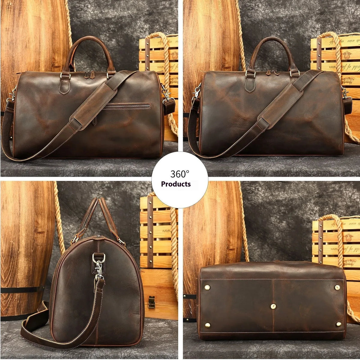 Men's genuine leather crossbody bag in brown with vintage styling and large 48.3cm width