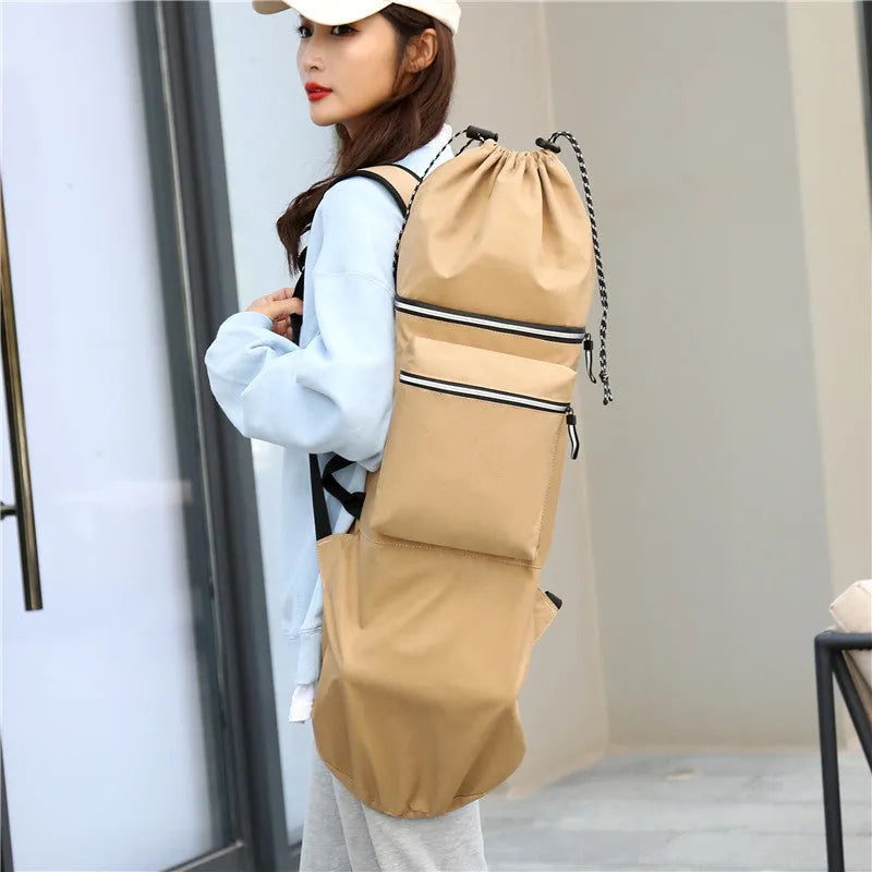 Waterproof nylon skate bag for yoga and outdoor sports gear in black, showing 20-35 litre capacity.