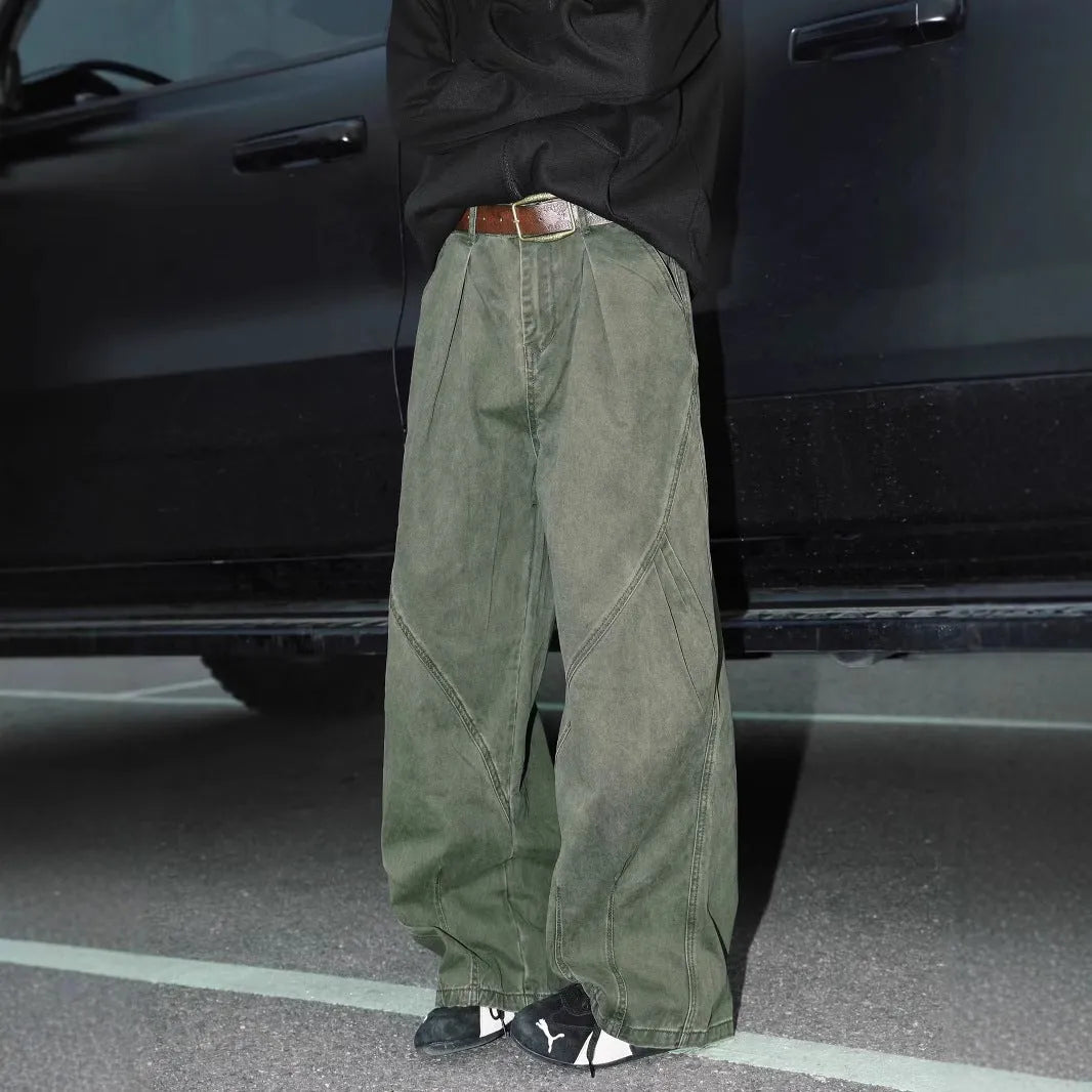 Men's straight leg trousers in striped black, brown and apricot colours with elasticated fabric