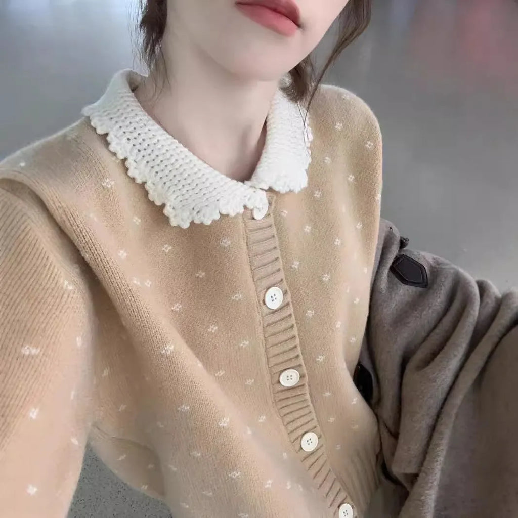 Retro Peter Pan collar knitted cardigan coat with flower pattern in Japanese Korean casual style