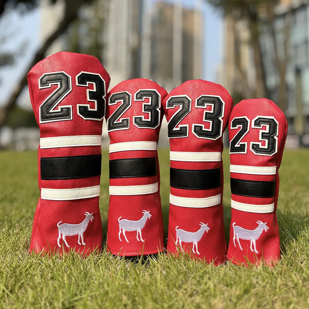 Yellow Ram golf headcover set with four wooden pole covers and square putter sleeve