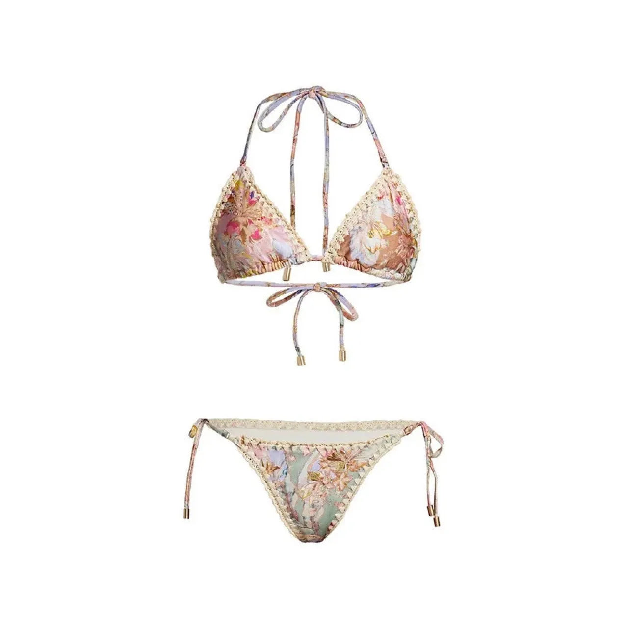Women's creamy-white floral bikini set with matching skirt in nylon fabric