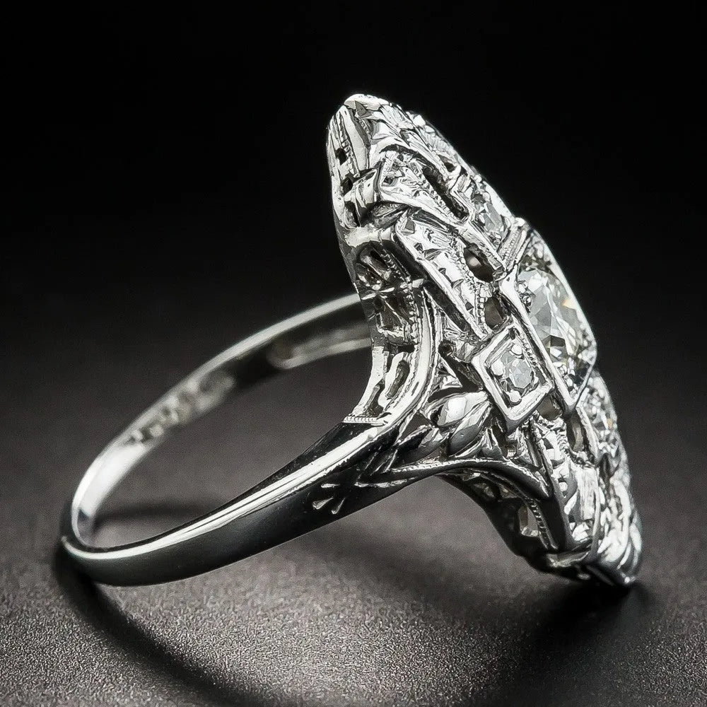 Hollow out geometric copper ring with electroplated silver finish and diamond studs