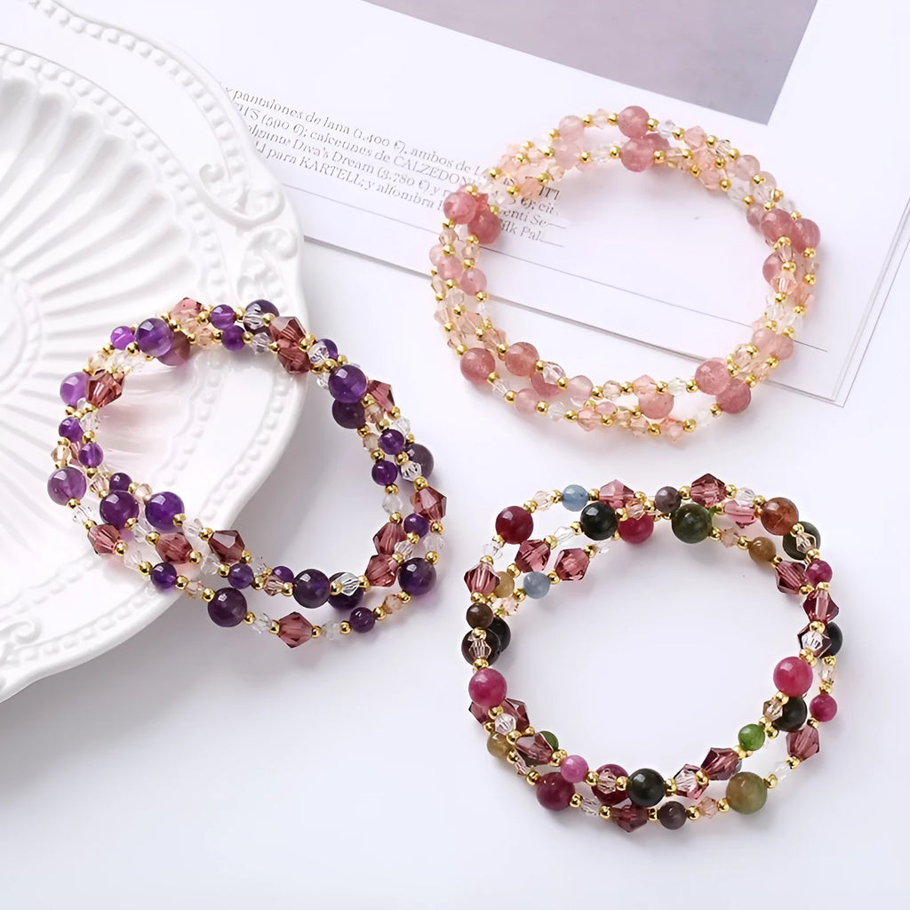 Women's adjustable three-ring bracelet with tourmaline, strawberry quartz, or amethyst gemstones and crystal beads