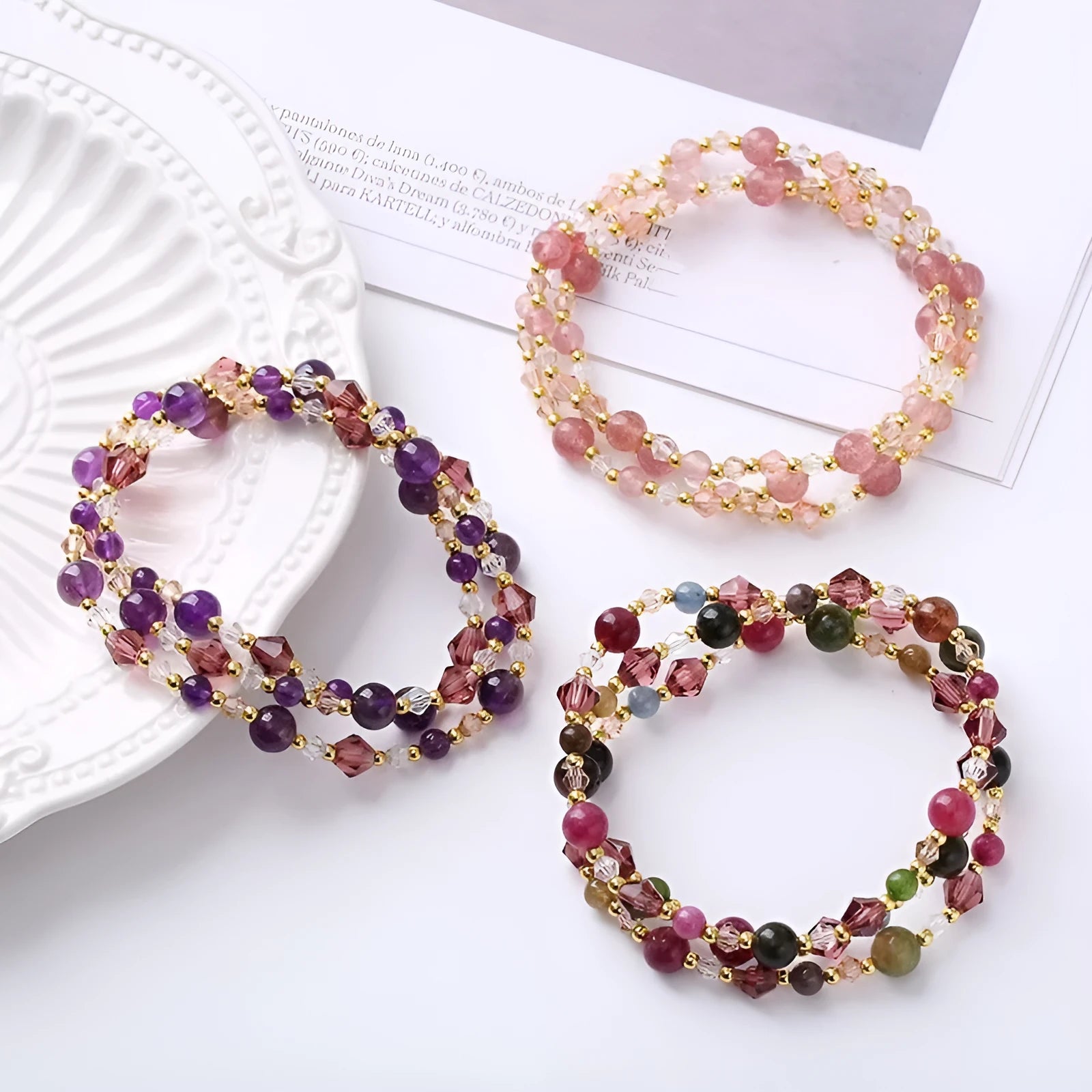 Women's adjustable three-ring bracelet with tourmaline, strawberry quartz, or amethyst gemstones and crystal beads