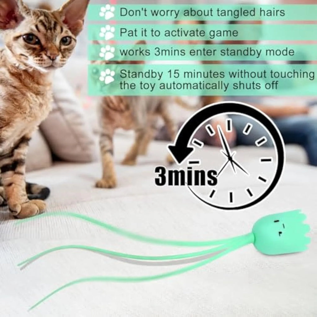 Green electronic cat wand toy with swinging silicone tails for indoor feline play