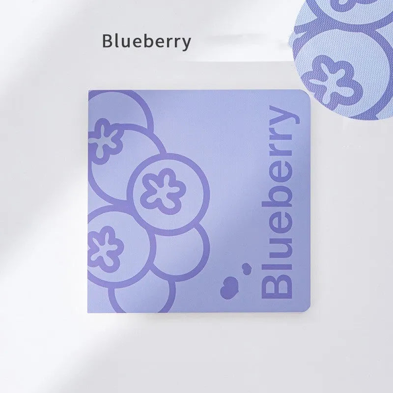 Square fruit-embossed notebook showing 14.5 cm dimensions and 80g thickened paper pages.