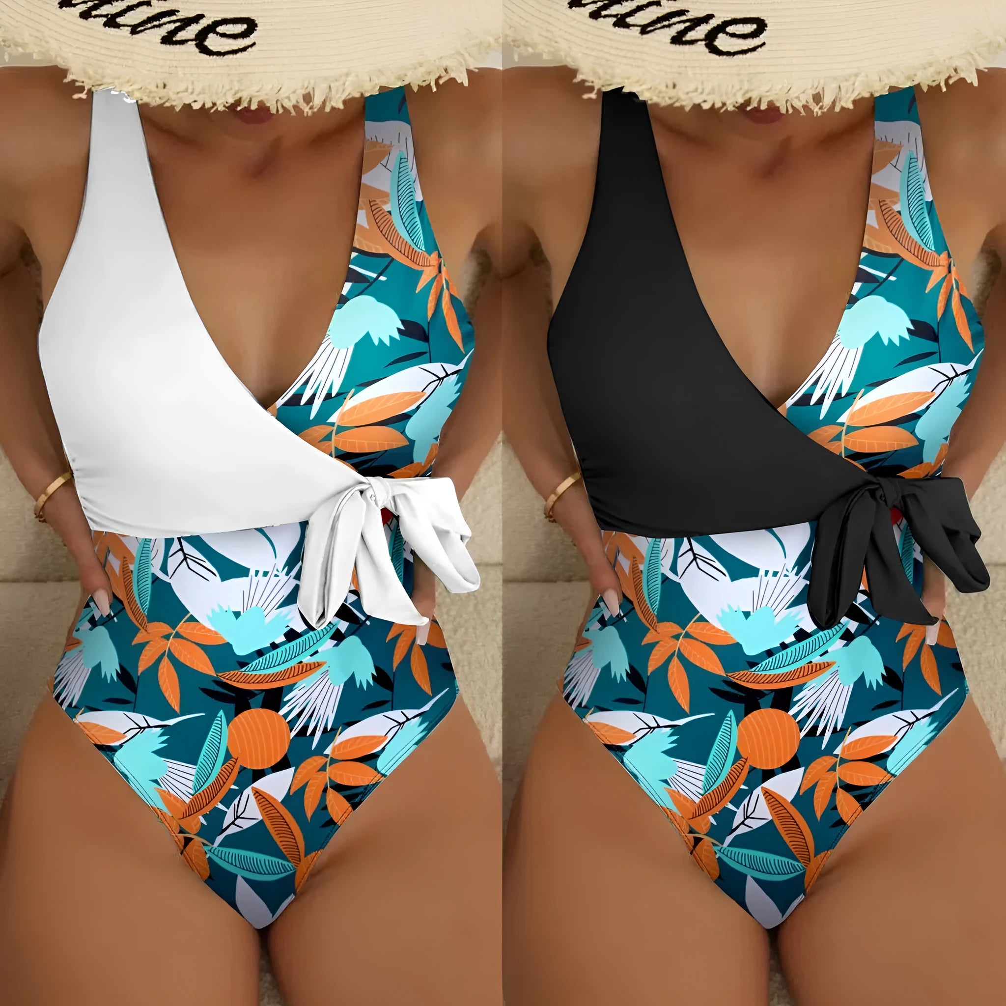 Women's high-waist one-piece swimsuit with printed pattern in polyester and nylon fabric