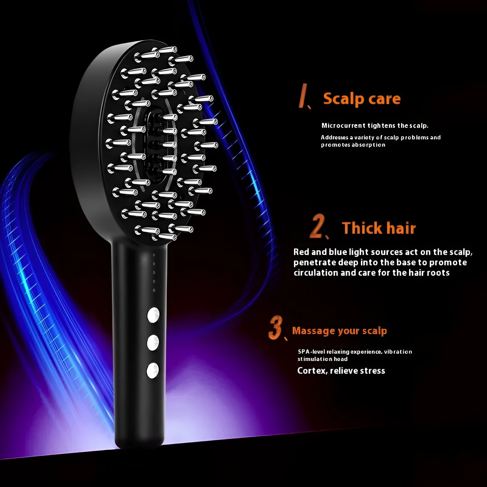 Black scalp medicine supplying device with vibration massage function for scalp soothing.