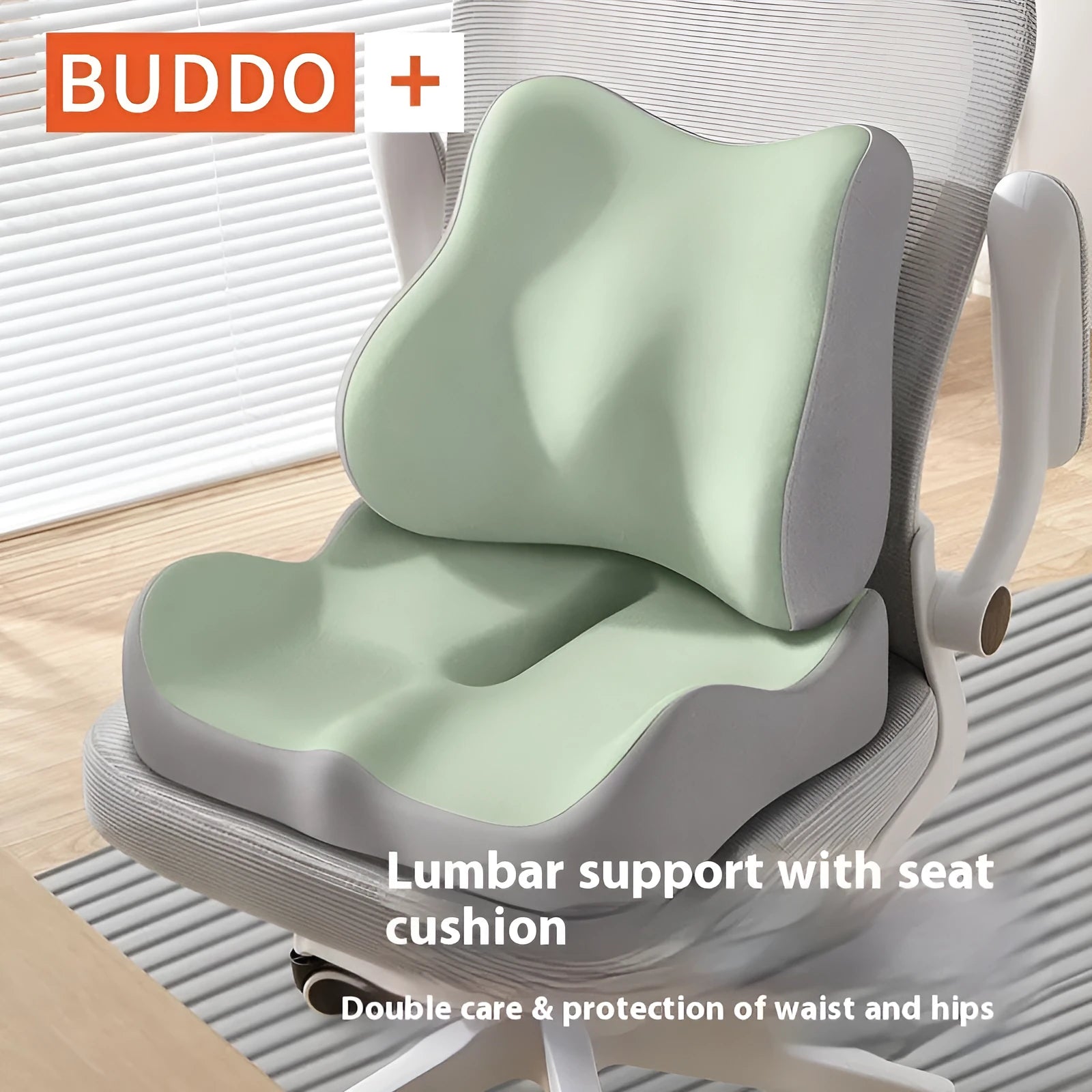 Memory foam waist and tailbone support seat cushion in a blue and grey colour combination.