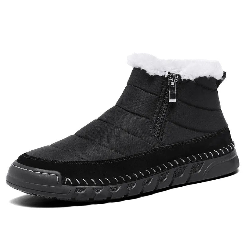 Men's green plus-size snow boot with round toe and flat heel on a rubber sole.