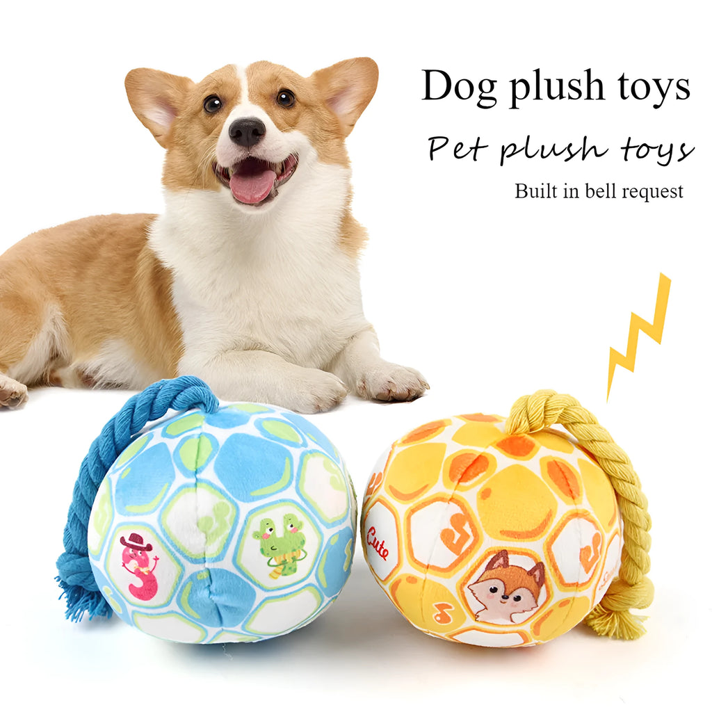 Blue and yellow cartoon football dog chew toy made from cotton rope