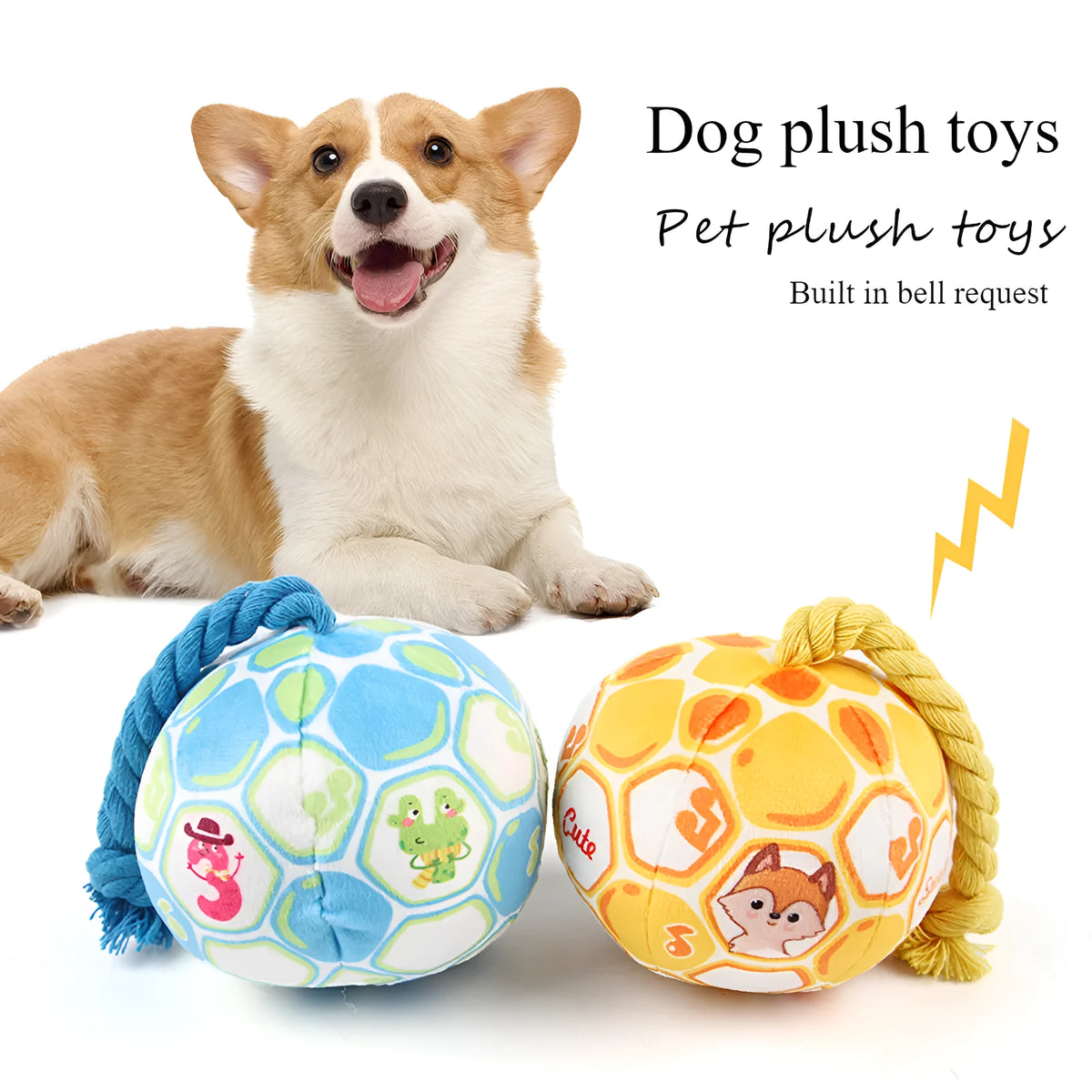 Blue and yellow cartoon football dog chew toy made from cotton rope
