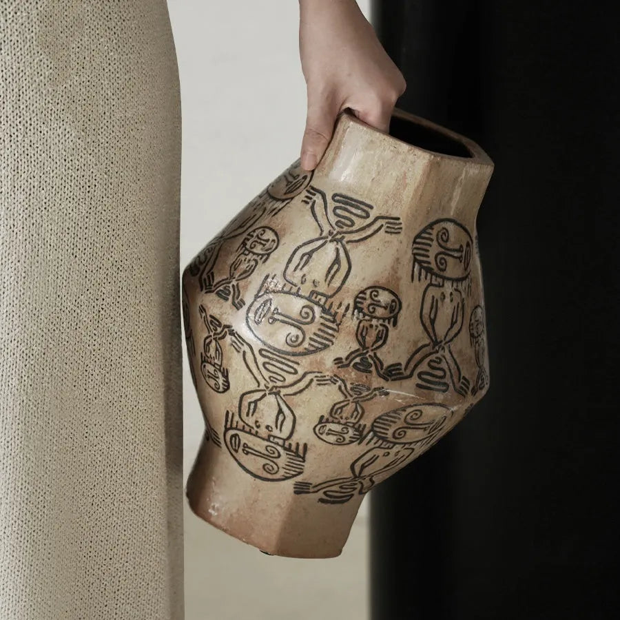 Hand-painted ceramic cylindrical table vase with carved religious and symbolic tribal totem flower patterns in large or small size
