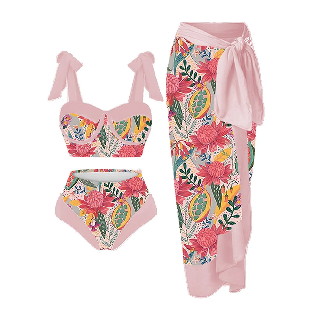 Women's printing split swimsuit three-piece set showing skirt, bra and panties in polyester fabric