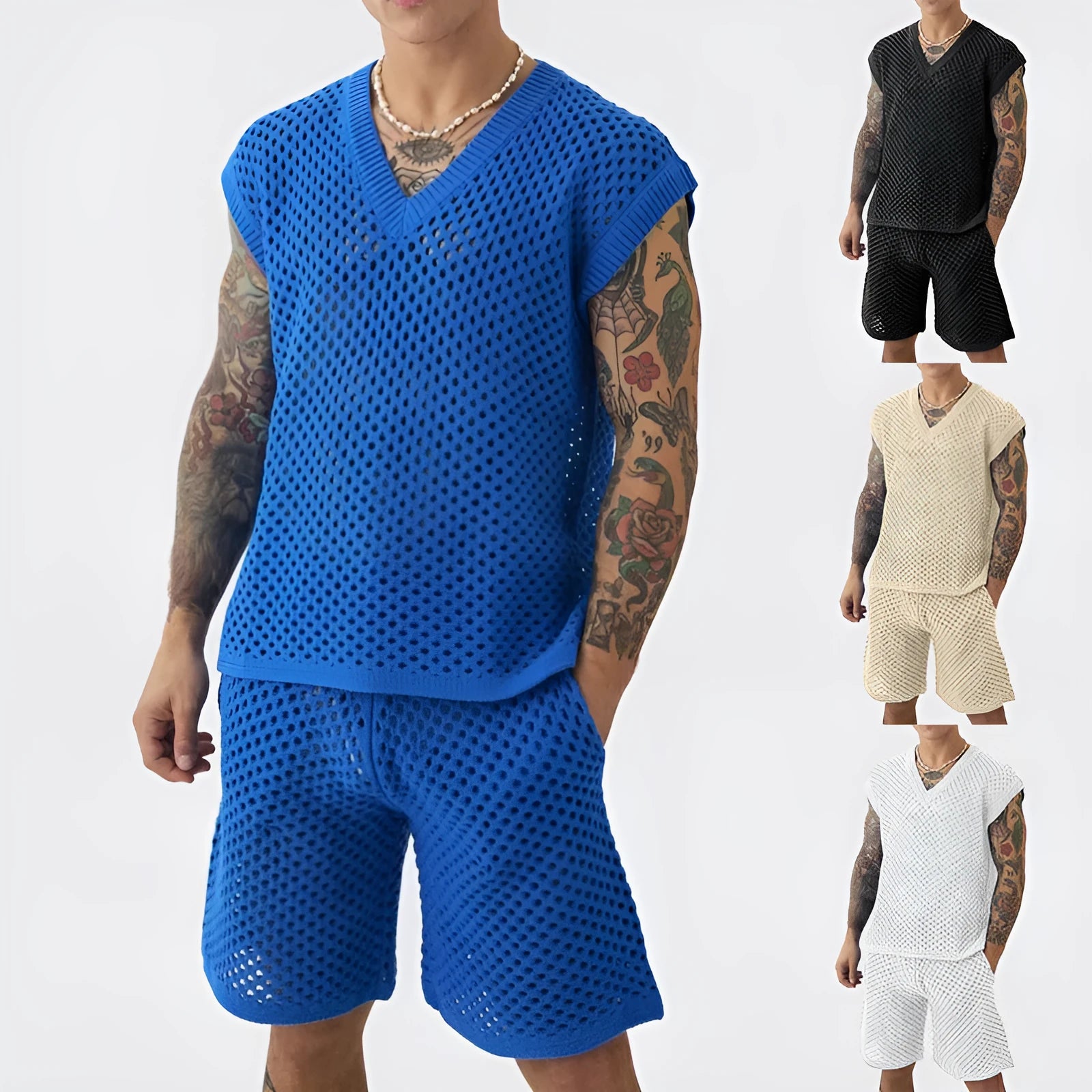 Men's blue V-neck sleeveless vest and matching shorts sports outfit on a hanger.
