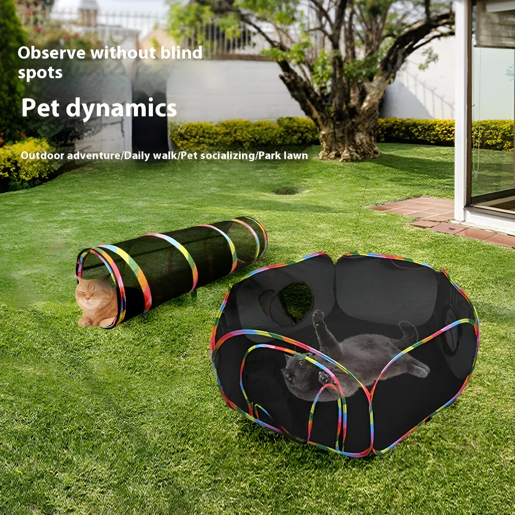 Foldable mesh cat roll cage toy showing multiple shape configurations for feline play