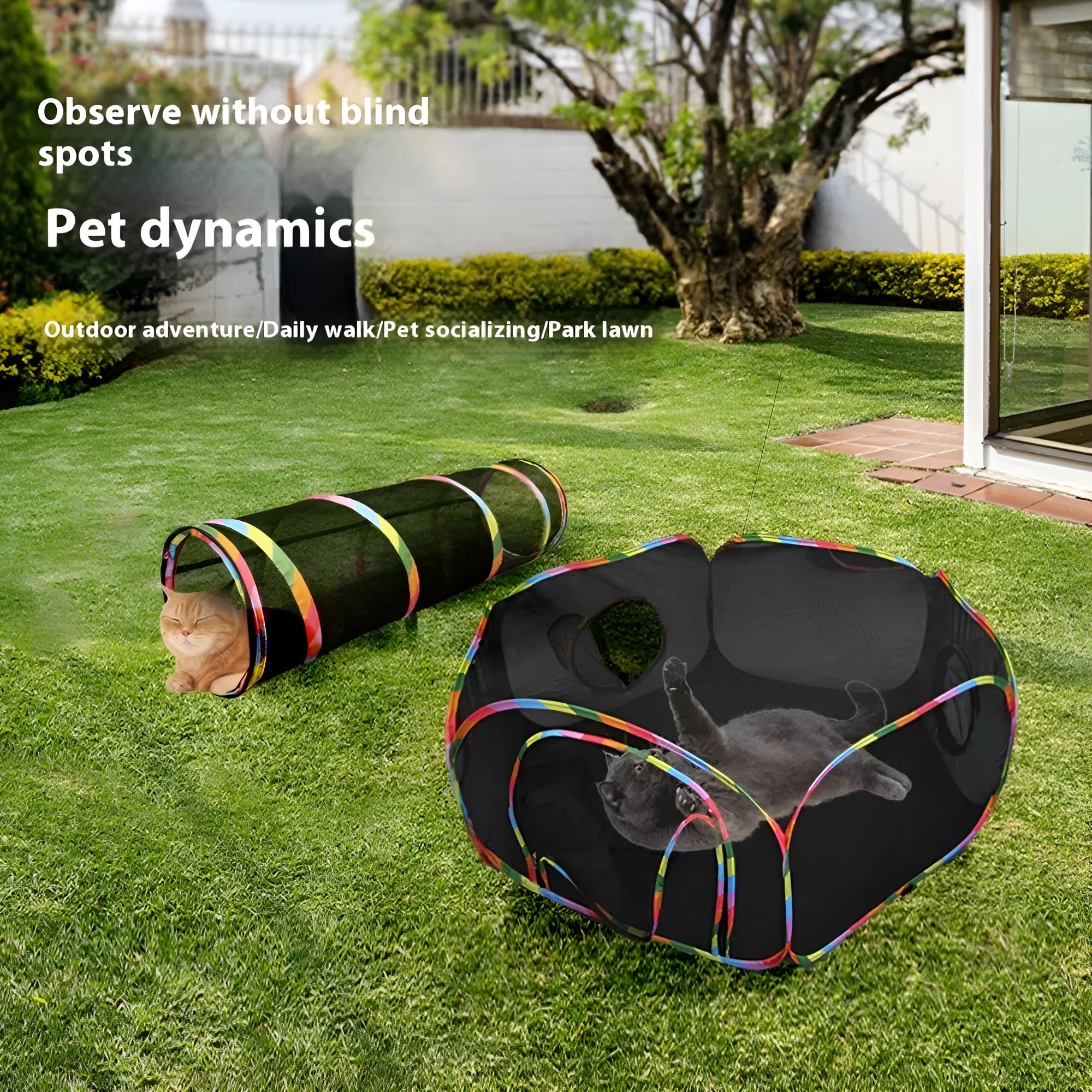 Foldable mesh cat roll cage toy showing multiple shape configurations for feline play