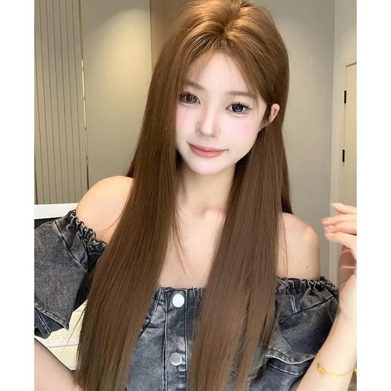 Warm brown long straight lace front wig with centre-parted bangs and side bangs.