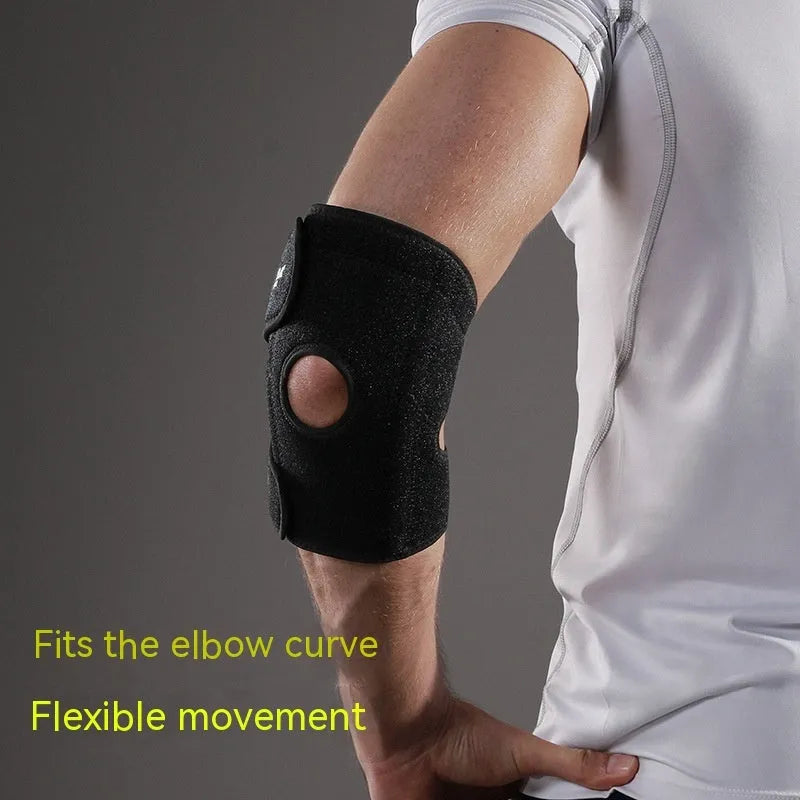 Black adjustable sports elbow guard worn on arm for basketball and badminton support
