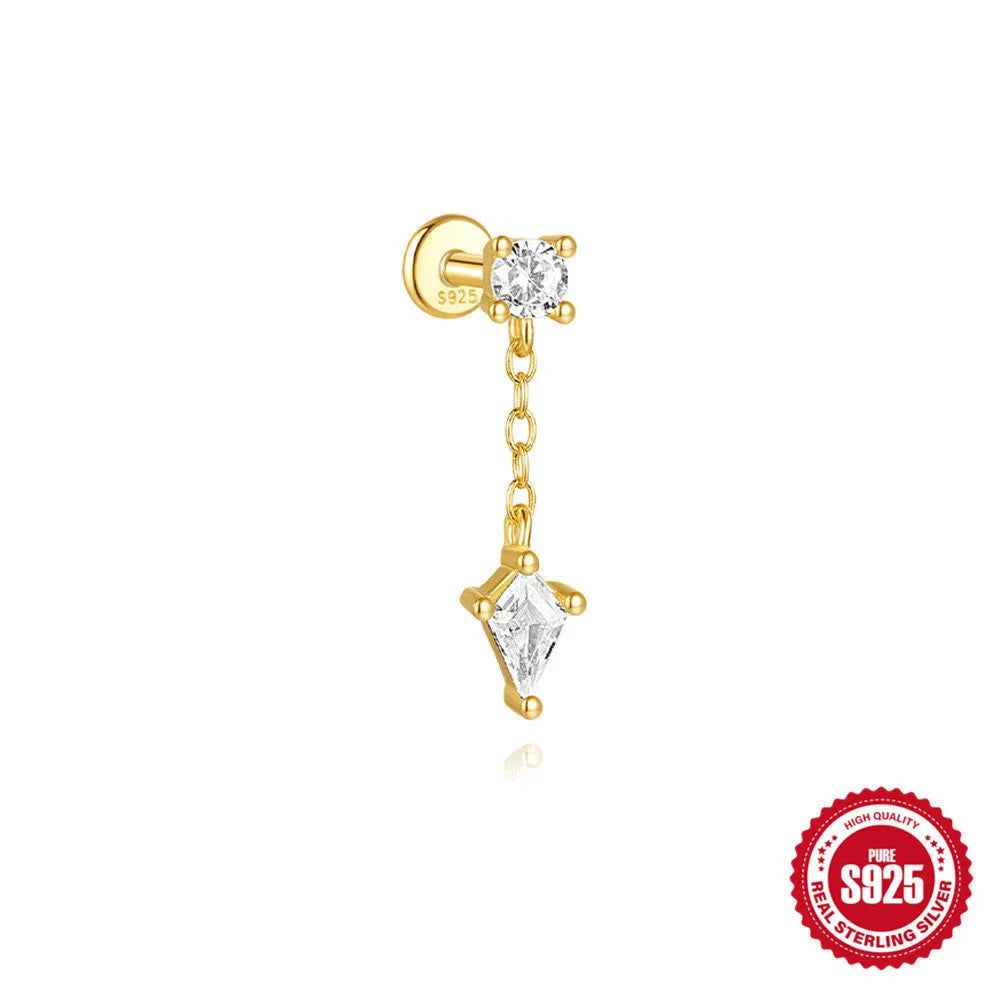 S925 sterling silver geometric kite-shaped earrings with rhinestones and a gold chain tassel.