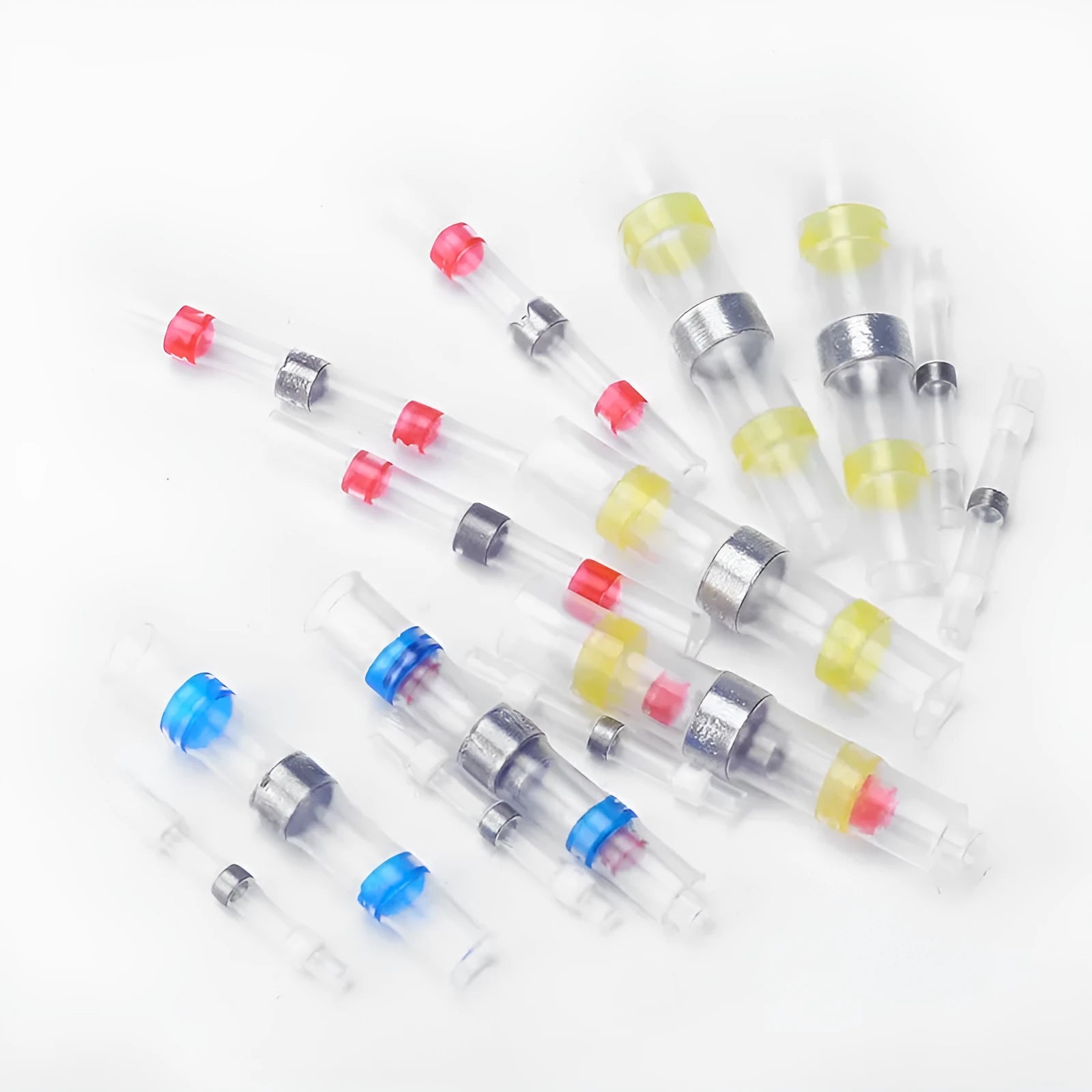Blue, green, orange, purple, red, white, and yellow heat shrink solder ring terminals for electrical wiring.