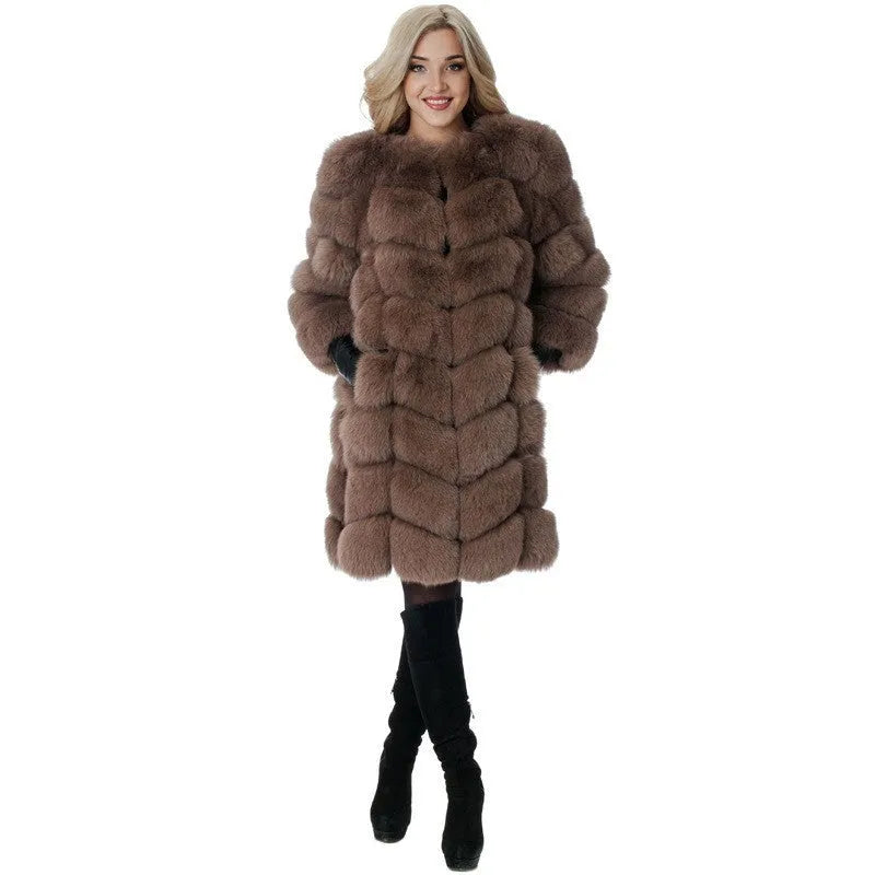 Women's thick warm artificial fur coat in apricot colour with regular sleeves and 80cm length